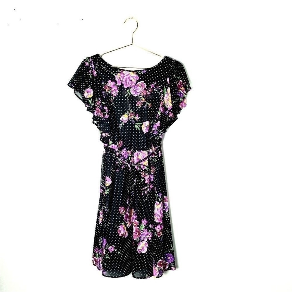 Vintage- Deadstock Black&purple floral midi dress with tie waist feature